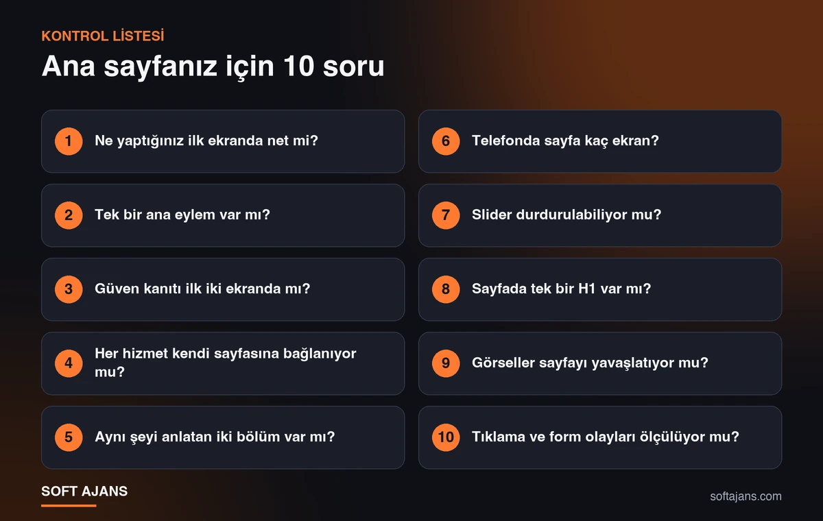Ana sayfa için 10 maddelik kontrol listesi: ilk ekran, tek eylem, güven kanıtı, hizmet bağlantıları, tekrar, mobil uzunluk, slider, başlık yapısı, hız ve ölçüm